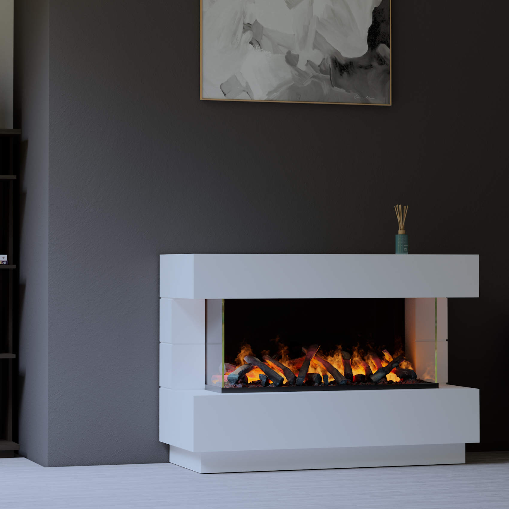 muenkel design London 1400 Opti-glo [Elektrokamin Opti-myst]: Wunschfarbe nach RAL - Mit Heizung - Kieswanne mit weißen Steinen - Tank