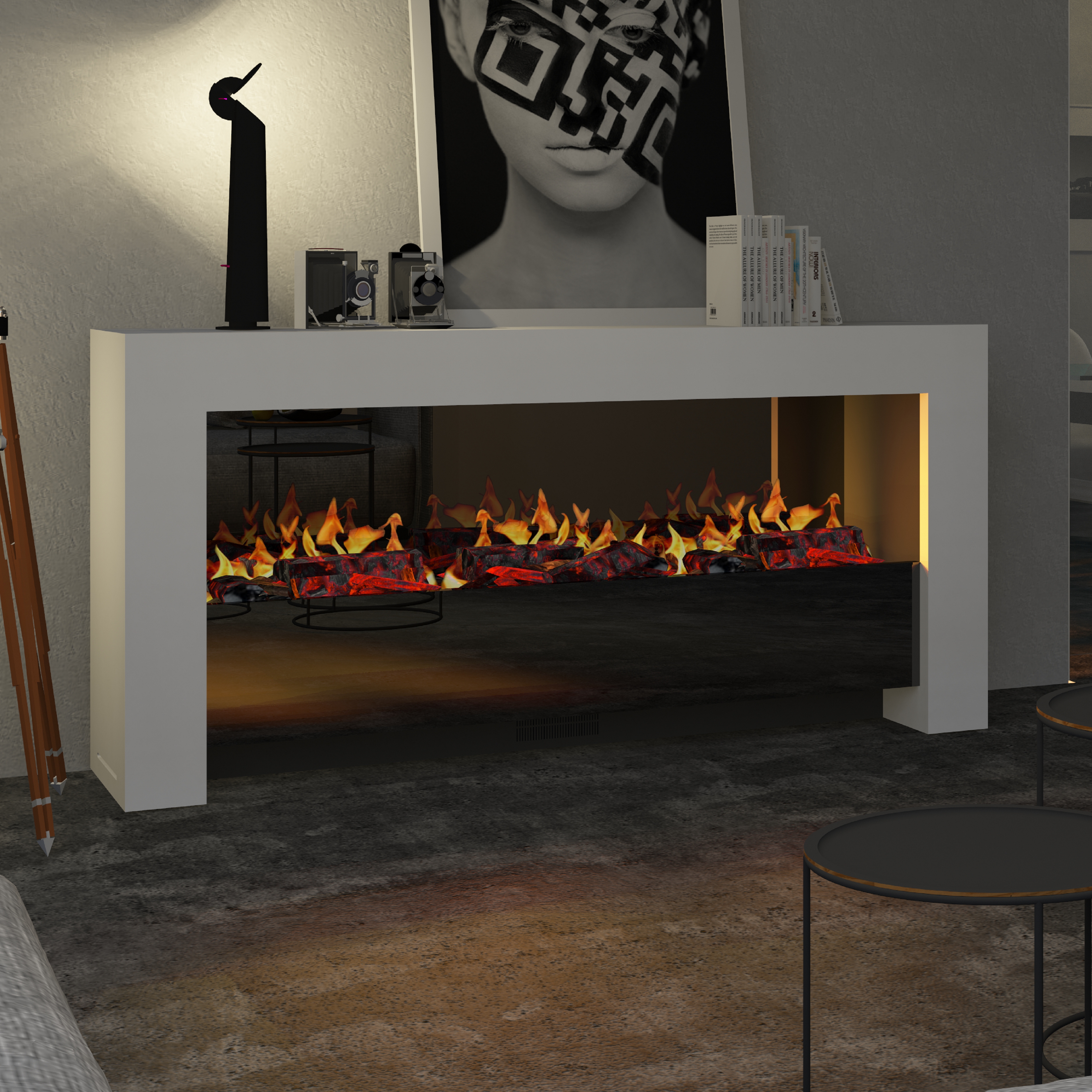 muenkel design bridge XXL [moderner Opti-myst Design Elektrokamin]: weiß (warm) - Ohne Heizung - Schwarz, spiegelnd Image