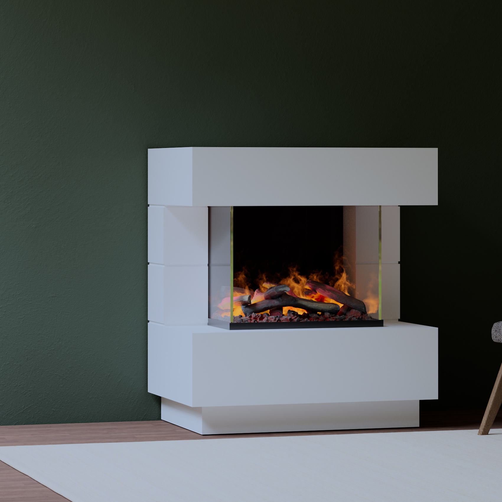 muenkel design London 900 Opti-glo [Elektrokamin Opti-myst]: Wunschfarbe nach RAL - Mit Heizung - Wasserleitung - Kieswanne mit weißen Steinen