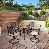 5-Piece Metal E-coating Patio Dining Set of 4 Swivle Chairs and 1 Metal Framed Table with Wood-like Table Top