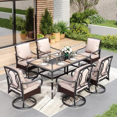 7/8-Piece Patio Dining Set of 6 Swivel Metal Rattan Chairs with Deep-seating Chairs and Wood-like Table & Outdoor Umbrella