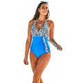 Plus Size Women's Faux Wrap Halter One Piece Swimsuit by Swimsuits For All in Blue Animal (Size 10)