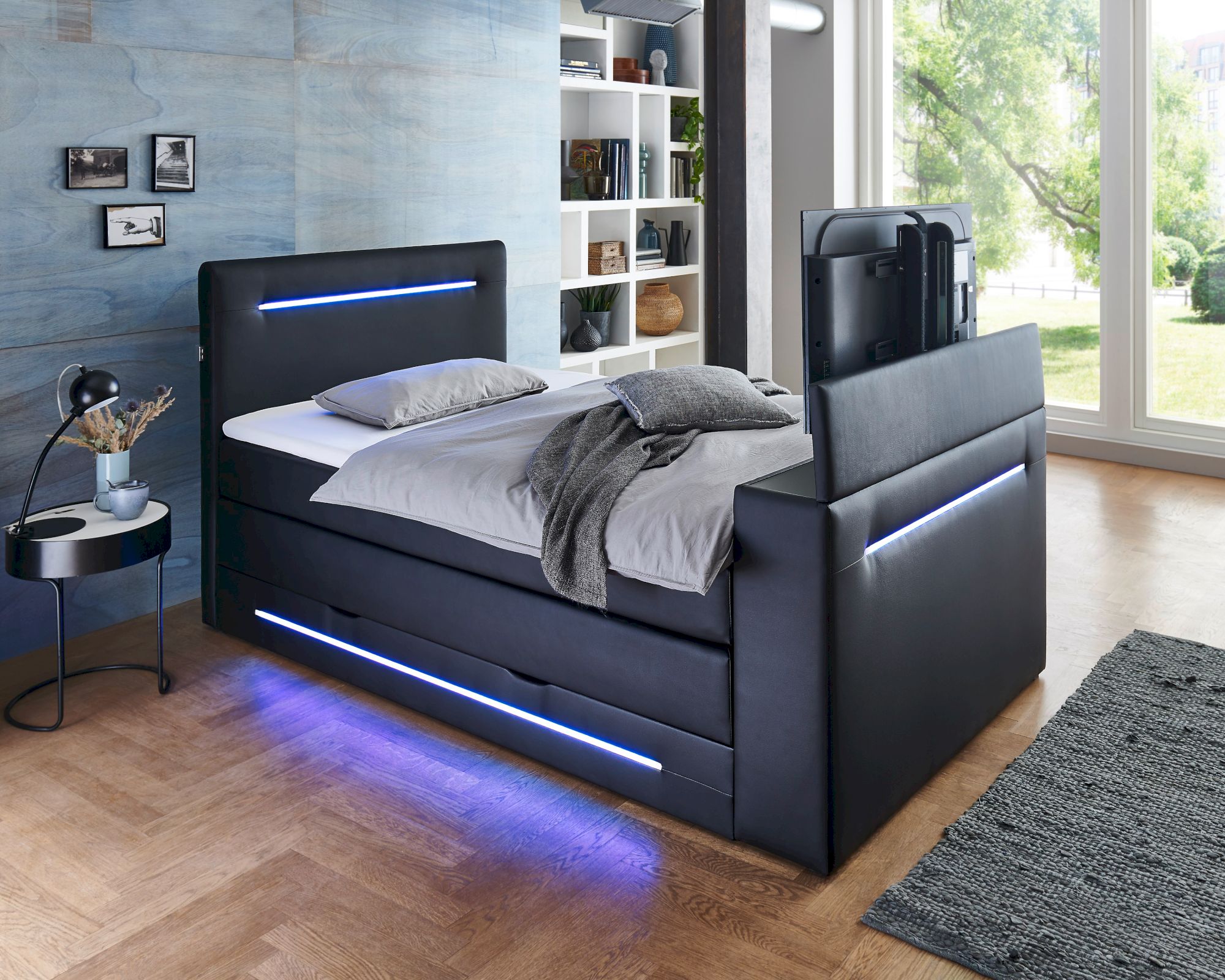 meise.möbel »Jupiter« Boxspringbett inkl. TV-Lift und Bettkasten in schwarz 180x200 cm / schwarz / Bonnell-Federkern inkl. Topper