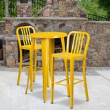 Latitude Run® Drumfane 30" Round Metal Indoor-Outdoor Bar Table Set w/ 2 Vertical Slat Back Stools Metal in Yellow | 24 x 24 x 41 | Wayfair