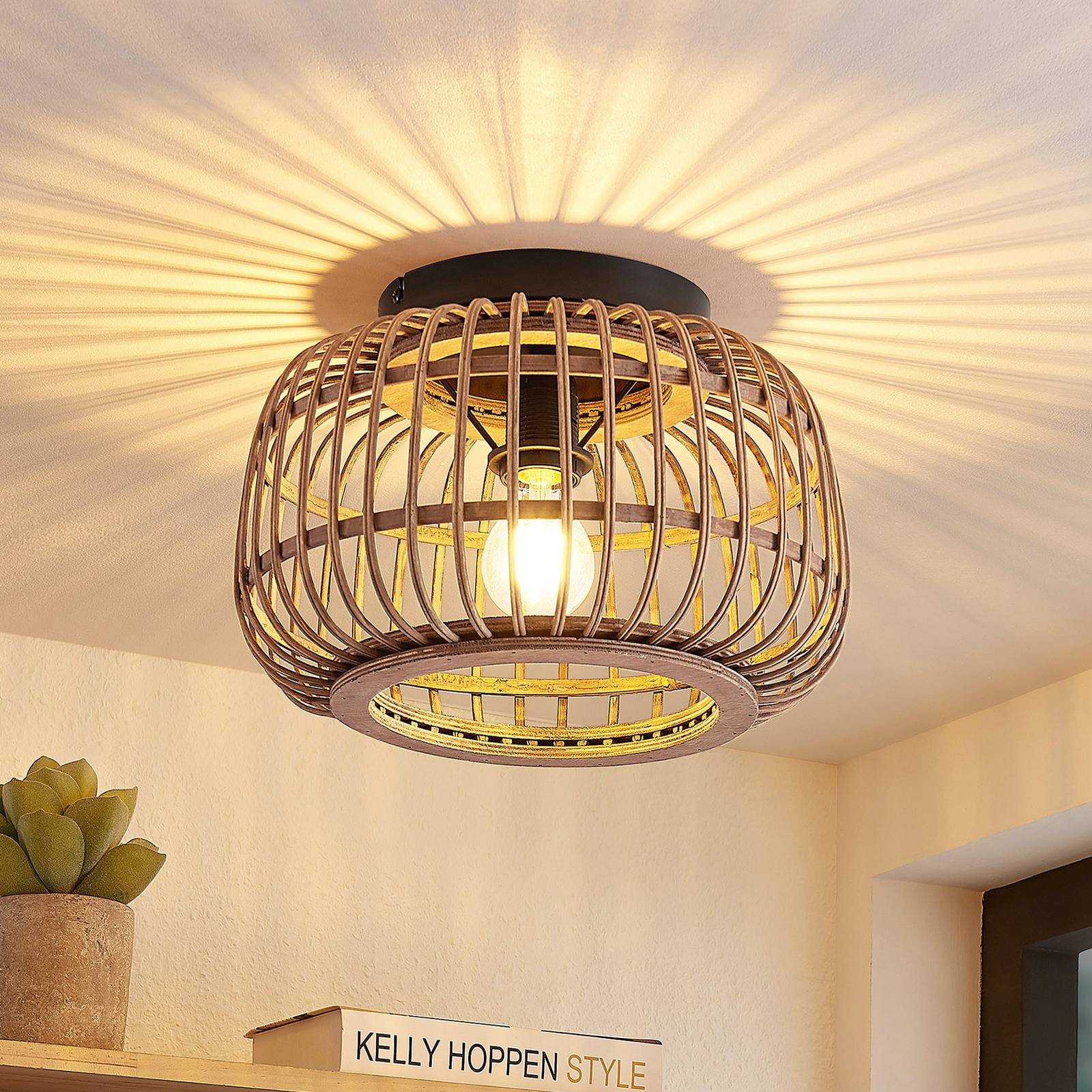 Deckenlampe Bominio Lindby, dimmbar, Holz hell, für Wohn- / Esszimmer, Holz, Skandinavisch, Deckenlampe