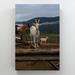 Gracie Oaks White & Brown Goats On Brown en Fence During Daytime - 1 Piece Rectangle Graphic Art Print On Wrapped Canvas in Blue/Brown | Wayfair