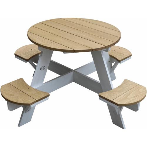 Ufo Picknicktisch Rund für Kinder aus Holz Runder Kindertisch für den Garten in Braun & Weiß mit 4