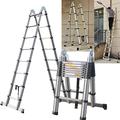 Multi-Purpose 16.4FT/ 5M Stainless Steel Ladder with Stabiliser Bar, Telescoping Combination Ladder 2 Sections Extendable Foldable Portable Ladders A-frame Ladder(2.5M+2.5M)