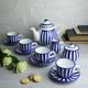 Ceramic Tea Set, Teapot SET for FOUR, Large Teapot, Milk Jug, Sugar Bowl and 4 Teacups & Saucers, Handmade Navy Blue Stripe Pottery