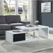 Modern Wood Coffee Table with Swivel Top, 2 Storage Drawers and 1 Open Compartment, 63''L x 24''W x 19''H, White