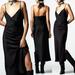 Zara Dresses | New Zara Silky Satin Surplice V Neck Slit Skirt Draped Slip Midi Dress Black L | Color: Black | Size: L