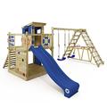 WICKEY Wooden climbing frame Smart Surf with swing set & blue slide, Outdoor kids playhouse with sandpit, climbing ladder & play-accessories for the garden
