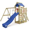 WICKEY Wooden climbing frame MultiFlyer with swing set & blue slide, Outdoor kids playhouse with sandpit, climbing ladder & play-accessories for the garden