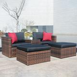 Modern Style Outdoor 5 Pieces Patio Furniture Set Wicker Conversation Sectional Sofa Set with Tempered Glass Coffee Table