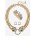 Women's Gold Tone Leopard Collar Necklace, Earring and Bracelet Set by PalmBeach Jewelry in Emerald