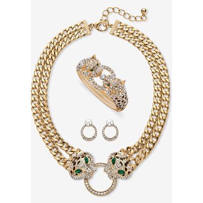 Women's Gold Tone Leopard Collar Necklace, Earring and Bracelet Set by PalmBeach Jewelry in Emerald