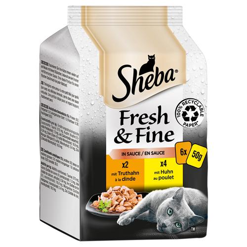 72x50g Huhn & Truthahn in Sauce Sparpaket Sheba Fresh & Fine Frischebeutel Nassfutter Katze