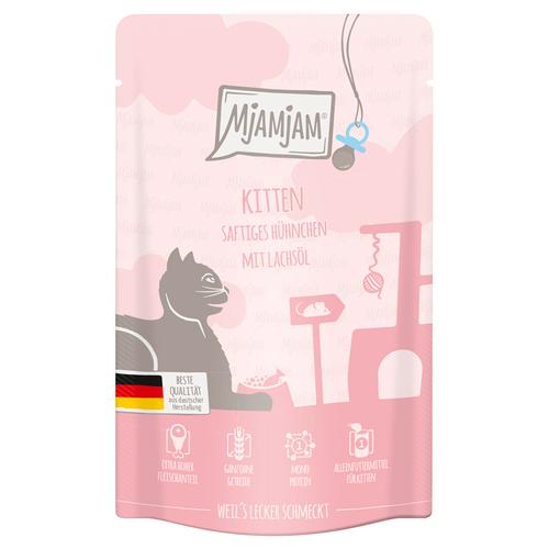 Sparpaket 24x125g MjAMjAM Quetschie Kitten saftiges Hühnchen mit Lachsöl Katzenfutter nass