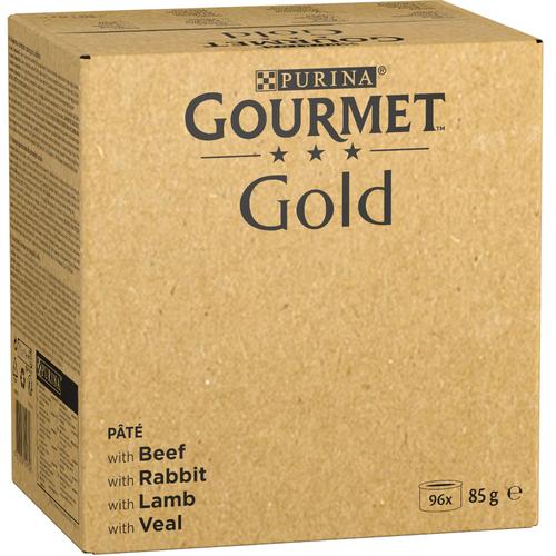 96 x 85 g Jumbopack: Gourmet Gold Feine Pastete: Rind, Kaninchen, Lamm, Kalbfleisch Nassfutter Katze