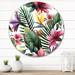 East Urban Home Tropical Red Flowers On White II - Traditional Metal Circle Wall Art Metal in Green/Pink | 23 H x 23 W x 1 D in | Wayfair