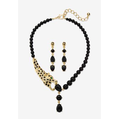 Women's Gold Tone 2 Piece Set Leopard Necklace and Earring Set,Onyx, 18" by PalmBeach Jewelry in Onyx