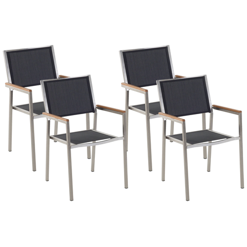 Gartenstühle 4er Set Silber Textilbespannung Schwarz mit Armlehnen aus Polyester Edelstahl Kunstholz Terrasse Outdoor Modernes Design