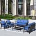 OVIOS 5-piece Outdoor Steel Frame Ottoman Wicker Solid Pattern Cushion Sectional Set Glass Top Table