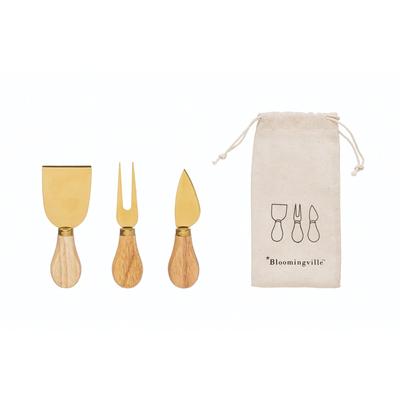 Stainless Steel Cheese Utensils with Oak Wood Handles, Gold Finish, Set of 3 in Printed Drawstring Bag