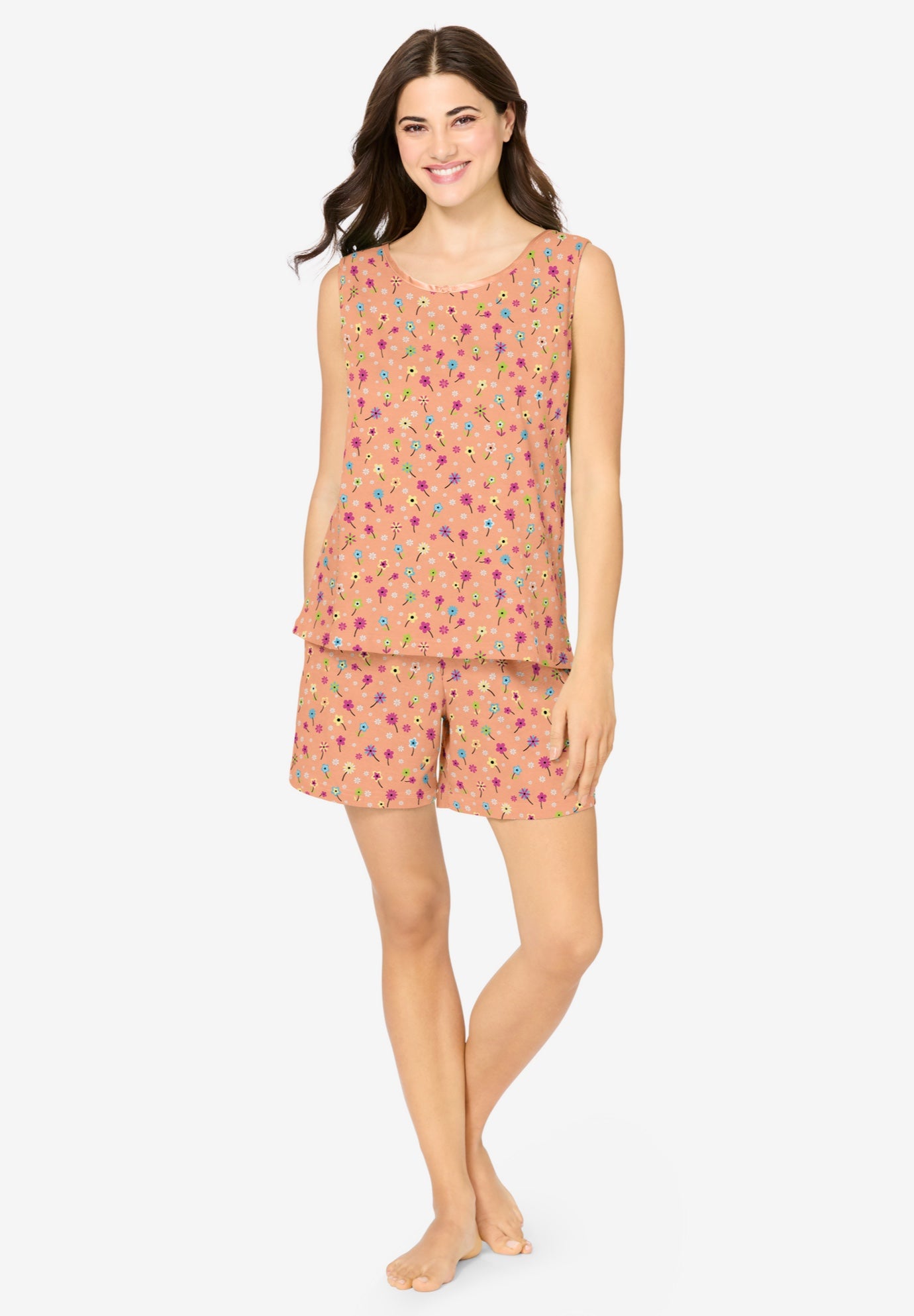 Plus Size Women's 2-Piece Sleeveless Tee and Shorts PJ Set by Dreams & Co. in Honey Peach Floral (Size 5X)