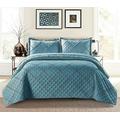 Luxury Quilted Solid Colour Bedspread Ruffle Embossed Comforter with Pillow Case Bedding Set (Blue, Double)