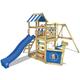 WICKEY Wooden climbing frame SeaFlyer with swing set & blue slide, Outdoor kids playhouse with sandpit, climbing ladder & play-accessories for the garden