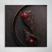 Latitude Run® Chocolate Cake w/ Red & Gold Baubles On Black Round Plate - 1 Piece Square Graphic Art Print On Wrapped Canvas in Black/Red | Wayfair