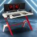 Modern Computer Gaming Desk with Dual Monitor Shelf, Carbon-Fiber Textured MDF Top and Y-Shaped Powder-Coated Steel Frame