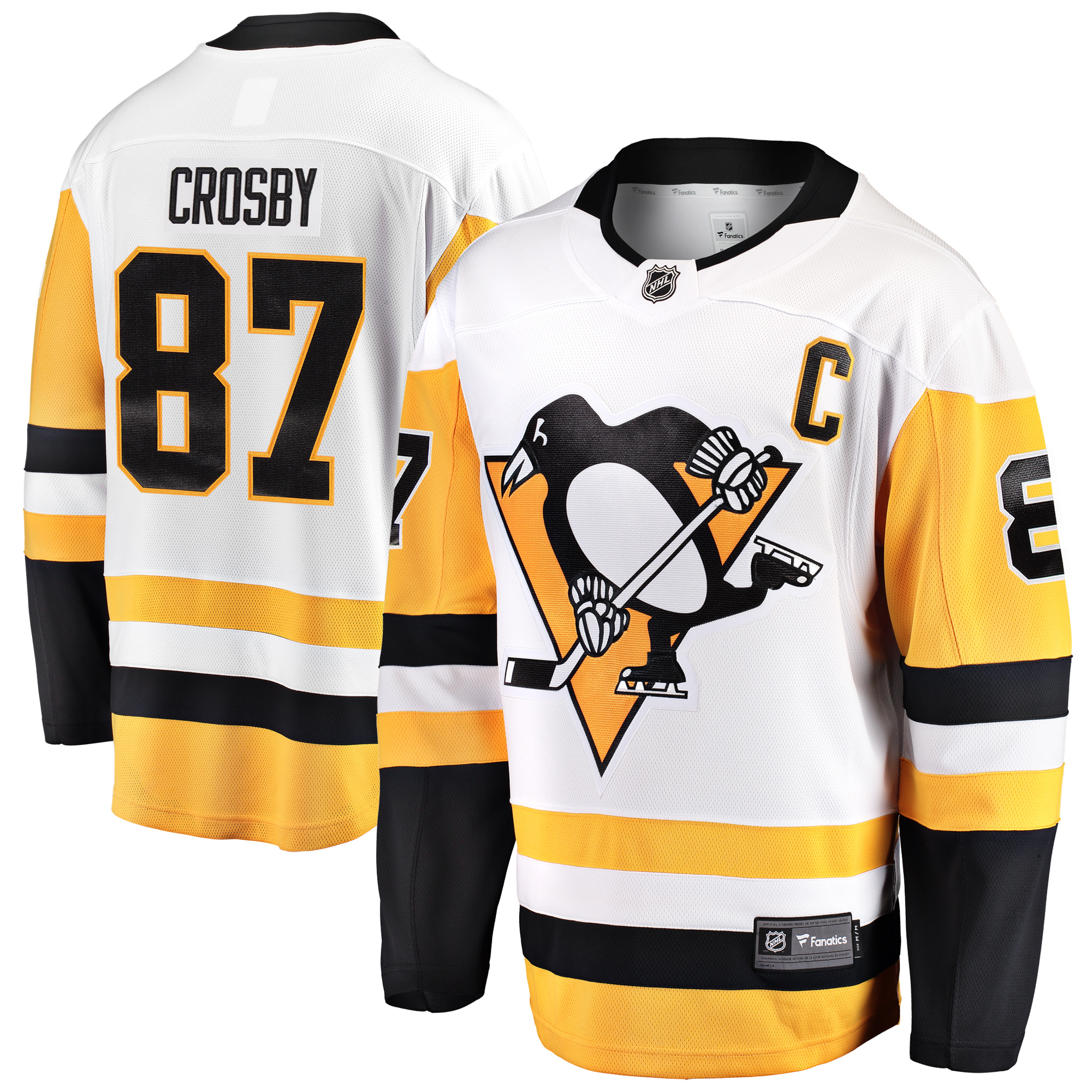 Herren-Fanatics-Trikot mit Sidney Crosby, weißes Pittsburgh Penguins-Kapitäns-Auswärtstrikot, Premier Breakaway-Spieler Image