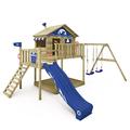 WICKEY Wooden climbing frame Smart Coast with swing set & blue slide, Outdoor kids playhouse with sandpit, climbing ladder & play-accessories for the garden