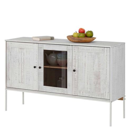 Esszimmer Sideboard in Creme Weiß massiv einer Glastür