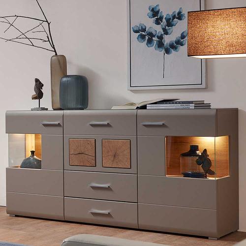 Wohnzimmer Sideboard in Grau und Eiche Optik LED Beleuchtung