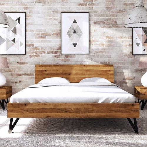 Doppelbett aus Wildeiche Massivholz und Stahl Loft Design