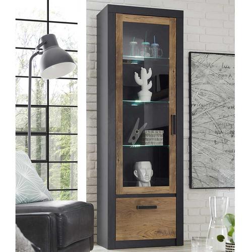 Schrank Vitrine in Schwarz und Kastanienfarben 200 cm hoch