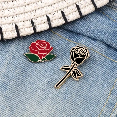 Fashion Flower Lapel Pin Women Badge 2PC Red Black Rose Design Metal Brooch Pins Couple Romantic