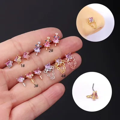1Pcs Fashion L Shaped Nose Studs Piercing Jewelry 316L Stainless Steel Heart CZ Dangle Nose Stud