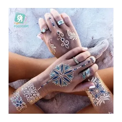 Rocooart Flash Metallic Waterproof Temporary Tattoo Gold Silver Tatoo Women Henna Flower Taty Indian