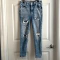 American Eagle Outfitters Jeans | Aeo American Eagle Super High Rise Jeggings Distressed Patched Jeans 2 Short | Color: Blue/White | Size: 2p