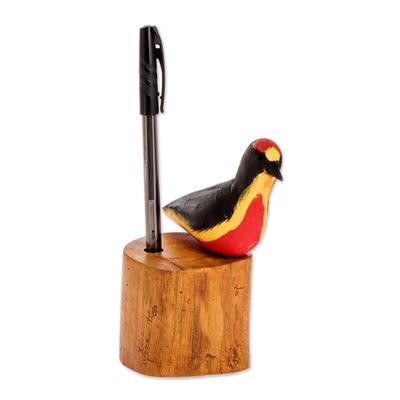 Novica Handmade Crimson Crested Woodpecker Wood Pencil Holder