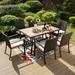 Lark Manor™ Argyri 7-pieces Patio Dining Set Metal Table w/ Umbrella Hole & Rattan Armchairs w/ Cushions Plastic/Metal in Black | 60 W in | Wayfair