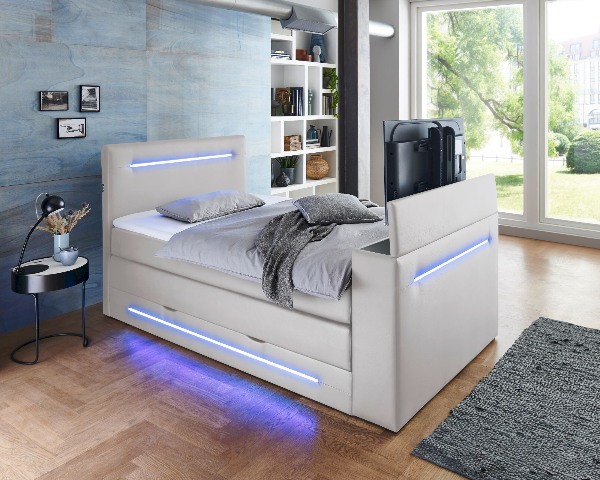 meise.möbel »Jupiter« Boxspringbett inkl. TV-Lift und Bettkasten in weiß 180x200 cm / weiß / Bonnell-Federkern inkl. Topper