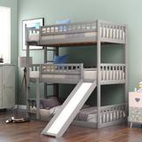 Pine Wood Twin-Over-Twin-Over-Twin Triple Bunk Bed with Built-in Ladder and Slide, Guardrails, Convertible Ladder and Slide