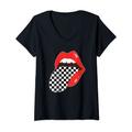 Damen Schachbrettmuster rote Lippen karierte Zunge T-Shirt mit V-Ausschnitt