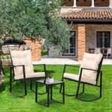 3Piece Wicker Patio Conversation Set Outdoor Bistro Furniture Set 2 Rocking Chairs, Glass Side Table with Beige Cushions - 24*16