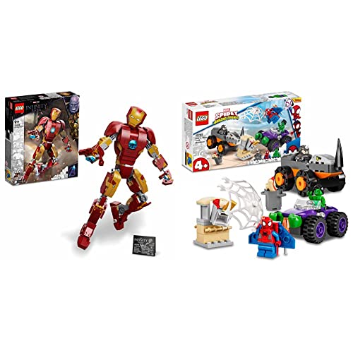 LEGO 76206 Marvel Iron Man Figur, ab 9 Jahren & 10782 Marvel Spidey und Seine Super-Freunde Hulks und Rhinos Monster Truck-Duell, Spider-Man-Set, Superhelden-Spielzeug zum Bauen ab 4 Jahren